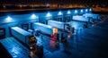 Nighttime Warehouse Logistics: Trucks Loading and Unloading Goods Royalty Free Stock Photo