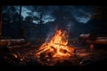 Nighttime warmth campfire in the forest, a concept of camping