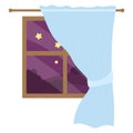 Nighttime window with blue curtains and stars in the sky. Peaceful evening view with tied drapery. Cozy home interior