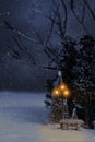 Nighttime winter scene with lamp post Royalty Free Stock Photo