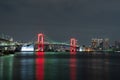 Nightview of Rainbow Bridge, illuminated in red as a sign of coronavirus alert Royalty Free Stock Photo