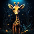 Nightvision Giraffe: Intricate Underwater Cartoon Drawing In Dark Amber