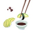 Nigiri avocado sushi dipping into the soy sauce and sliced avocado, eating sushi illustration isolated