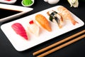 Nigiri with salmon, tuna, perch, eel, scallop, caviar, shrimp, sharp. Gunkan sushi set. Royalty Free Stock Photo