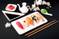 Nigiri with salmon, tuna, perch, eel, scallop, caviar, shrimp, sharp. Gunkan sushi set. Royalty Free Stock Photo