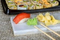 Nigiri sushi with salmon, grouper, eel, tuna and prawn, served Delicious traditional Japanese food, Royalty Free Stock Photo