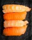 Nigiri sushi with salmon and prawns