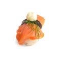 Nigiri Sushi with Salmon and Seaweed Nori on White Background Royalty Free Stock Photo