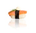 Nigiri Sushi with Salmon and Seaweed Nori on White Background Royalty Free Stock Photo