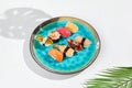 Nigiri sushi set on ceramic plate in minimal style. Nigiri sushi assorted with fish, crab, eel, tuna, shrimp, salmon and avocado. Royalty Free Stock Photo