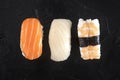 Nigiri sushi set, close-up overhead shot on a black background Royalty Free Stock Photo