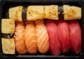 Nigiri sushi set in plastic container ready for takeout delivery. Closeup of take away lunch box Royalty Free Stock Photo