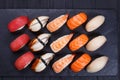 Nigiri sushi set with salmon, grouper, eel, tuna and prawn, flat Royalty Free Stock Photo