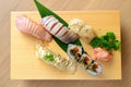 Nigiri sushi set on wooden plate Royalty Free Stock Photo