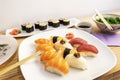 Nigiri sushi tray assorted with ebi, prawns, Japanese, rice with vinegar,