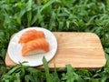 Nigiri Sushi in white dish on the wooden tray any green yard background natural  light. Royalty Free Stock Photo