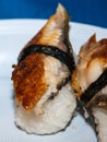 Nigirizushi with eel on a plate.