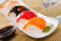 Nigirizushi with fish fillets and prawn Royalty Free Stock Photo