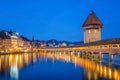 Nigth view of city center of Lucerne with famous Chapel Bridge and lake Lucerne Vierwaldstatersee, Canton of Lucerne,