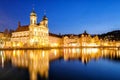 Nigth view of city center of Lucerne with famous Chapel Bridge and lake Lucerne Vierwaldstatersee, Canton of Lucerne,