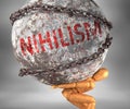 Nihilism and hardship in life - pictured by word Nihilism as a heavy weight on shoulders to symbolize Nihilism as a burden, 3d Royalty Free Stock Photo