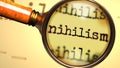 Nihilism and a magnifying glass on English word Nihilism to symbolize studying, examining or searching for an explanation and Royalty Free Stock Photo