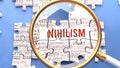 Nihilism and related ideas on a puzzle pieces. A metaphor showing complexity of Nihilism analyzed with a help of a magni Royalty Free Stock Photo