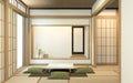 Nihon room design interior with door paper and cabinet shelf wall on tatami mat floor room japanese style. 3D rendering Royalty Free Stock Photo