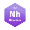 Nihonium chemical element tile. Atomic number 113. Nh chemical sign. Purple gradient Vector hexagon. Royalty Free Stock Photo