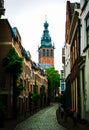 Nijmegen, Netherlands 19 august 2021,Beautiful street from Nijmegen bridge to Grote Makrt Square. Famous ancient Dutch Stevenskerk