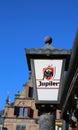 Closeup of lamp with logo lettering of dutch beer brewery Jupiler ocer restaurant