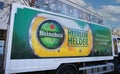 View on delivery truck with logo lettering of heineken beer brewery in dutch city