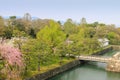 Nijo castle western Honmaru bridge with Sakura blossom trees vie