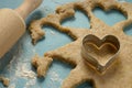 Heart-shaped cookie cutter on raw oatmeal dough Royalty Free Stock Photo
