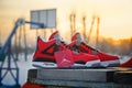 Nike Air Jordan IV Retro basketball shoes at the basketball court background. Krasnoyarsk, Russia - February 7, 2015