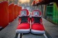 Nike Air Jordan 4 Retro basketball shoes shot outdoors. Krasnoyarsk, Russia - February 7, 2015 Royalty Free Stock Photo