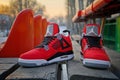 Nike Air Jordan 4 Retro basketball shoes shot outdoors. Krasnoyarsk, Russia - February 7, 2015 Royalty Free Stock Photo