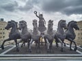 Nike Goddess with six horses sculpture on the top of Triumphal arch on Kutuzovskiy avenue. Aerial view