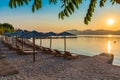 Nikiana beach illuminated at sunrise in Greece