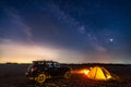 Nikolaevka, Russia - May 04, 2019: Tourist camping and black crossover under the Milky Way