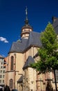 The Nikolai church in Leipzig with bells tower in front of blue sky