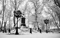 Nikolai Gogol Old Monument in Nizhyn, Ukraine, coverd snow. . Royalty Free Stock Photo