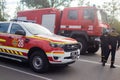 NIKOPOL, UKRAINE - 09/28/2021: Close-up of rescue vehicles without labels or markings. Firefighters parade and rescue services.