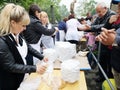 NIKOPOL, UKRAINE - MAY, 2019: distribution of food to the needy, charity event
