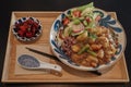 Nikujaga, Japanese Meat and Potato Stew on rice berry with salad and side dish. Royalty Free Stock Photo