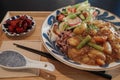 Nikujaga, Japanese Meat and Potato Stew on rice berry with salad and side dish. Royalty Free Stock Photo