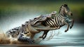 Illustration of a crocodile attacking a zebra during the great migration in Africa. Generative Ai Royalty Free Stock Photo