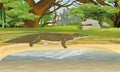 Nile crocodile Crocodylus niloticus walks along the shore of a lake near the African bush. Realistic vector