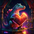 Nile Crocodile hugging heart Valentine\'s day card with a crocodile and a heart Generative AI animal ai