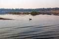 Nile river with the banks full of trees and vegetation and Egyptian fishermen in their typical rowing boats in the center of the r